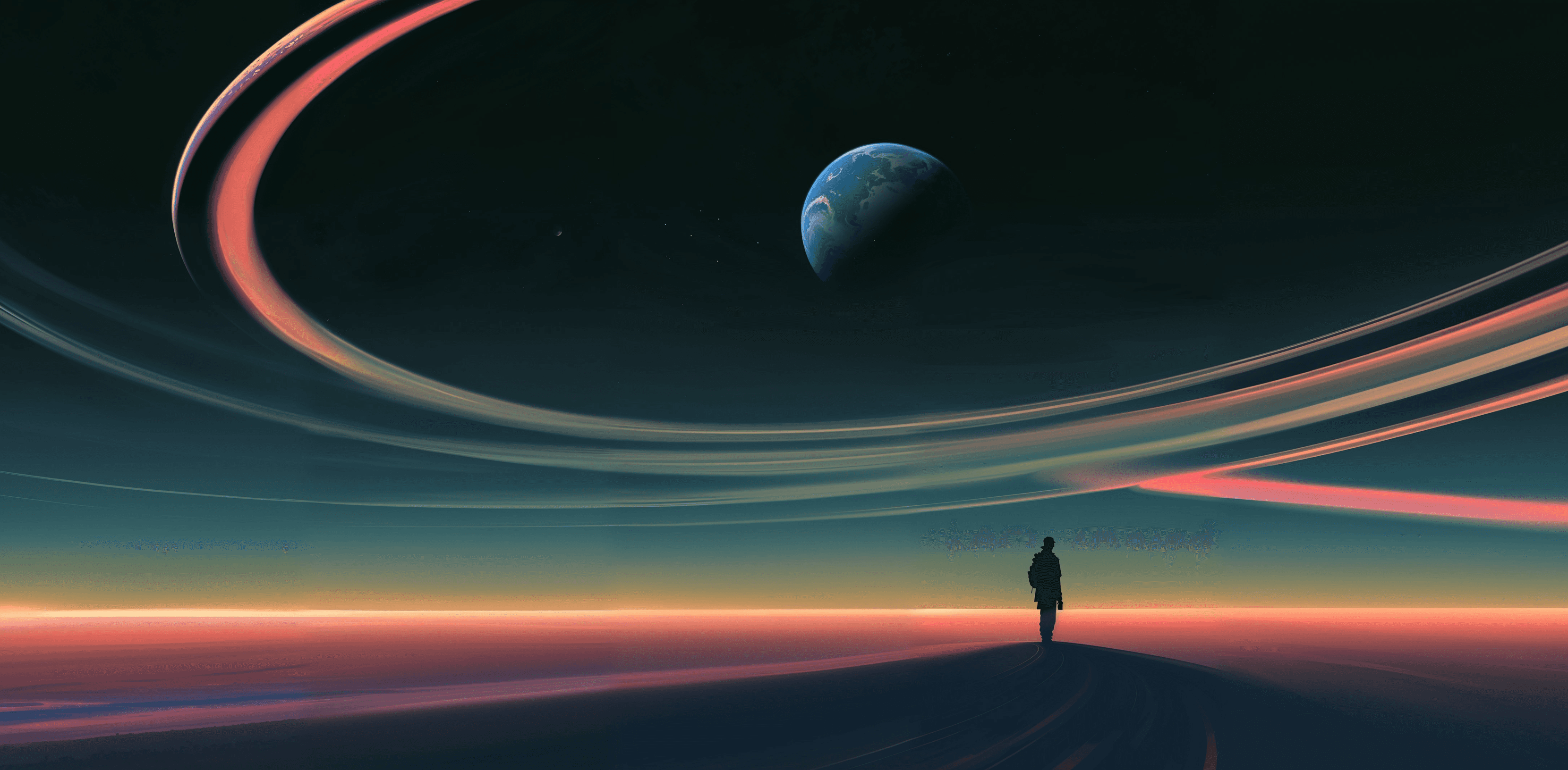 Space background with planet and aurora